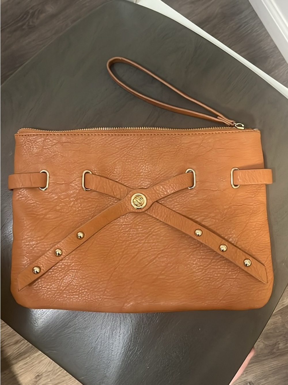 Charming Charlie Tan Faux Leather Wristlet Clutch with Gold Hardware